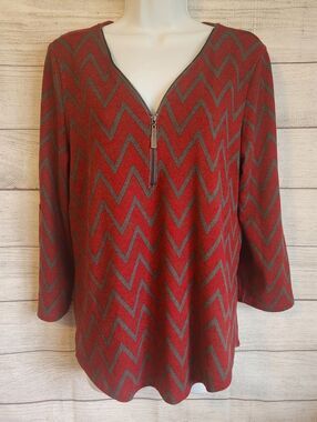 Tacera Top Medium Chevron Zip Neck Red Gray Casual Chic Blouse
